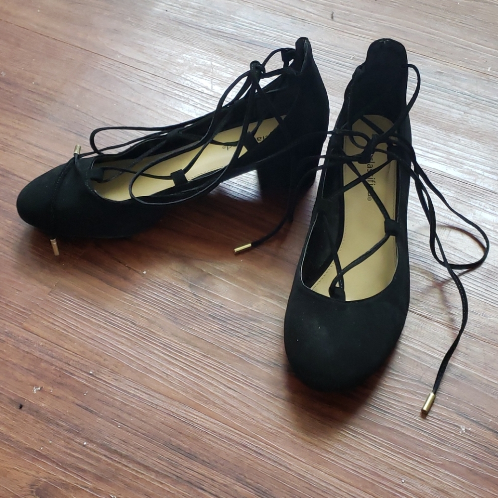 Black lace up wrap around heels